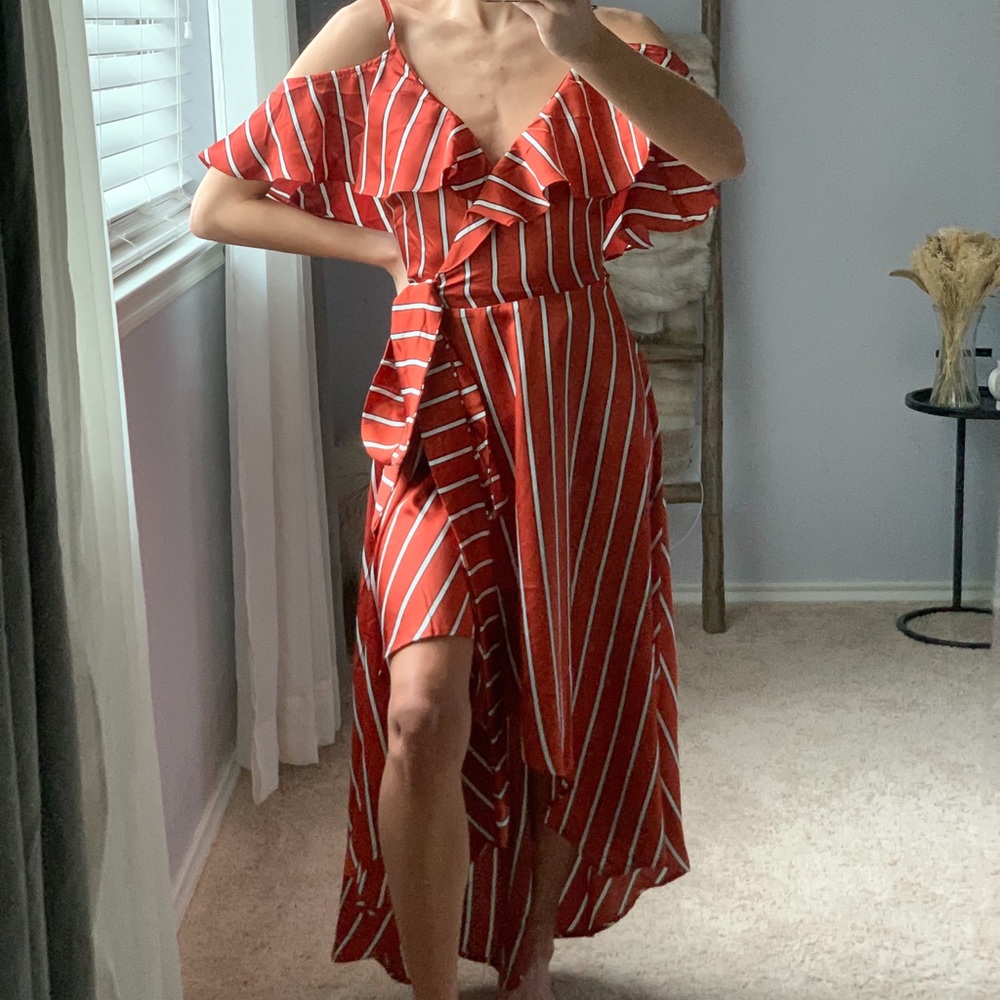 Red striped off the shoulder dress